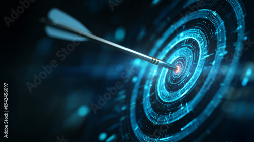 Digital target arrow blue cyber dartboard business goal marketing strategy success precision aim data concept glowing technology focus digital