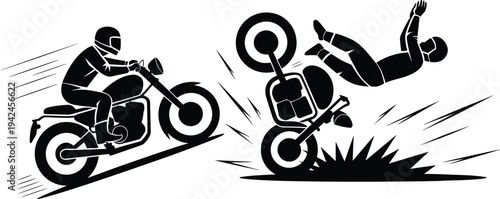 Motorcycle accident scene silhouette, biker crash and rider falling from motorbike, road danger and traffic safety warning vector illustration