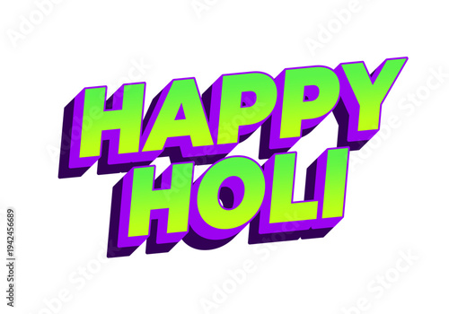 Bold 3D text reading happy holi in lime green with purple shadows on white background, playful festive graphic art.