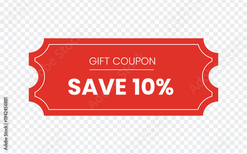 Red gift coupon badge with 10 percent discount offer on transparent background for shopping promotions Vector illustration