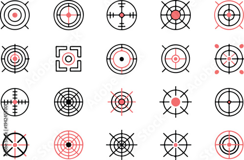 Target and crosshair vector icon set with aim symbols goals and military reticle signs for business and gaming