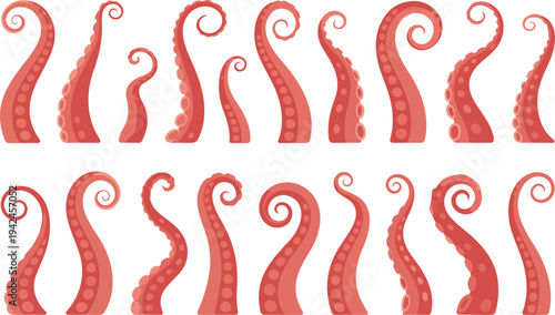 Red octopus and squid tentacle vector set with curled arms and suckers isolated for sea monster marine designs