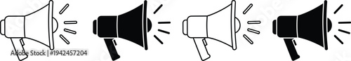 Set of megaphone icons alternating outline and solid styles loudspeaker announcement symbol collection for marketing protest promotion communication vector illustration isolated design