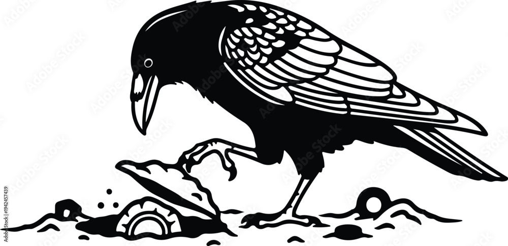 Fototapeta premium Silhouette black raven bird on ground opening shell vector design
