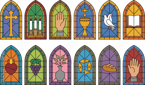 Religious stained glass window vector set with christian icons cross dove chalice and bible for church cathedral decoration