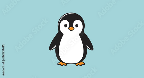 Cute cartoon penguin standing on a light blue background