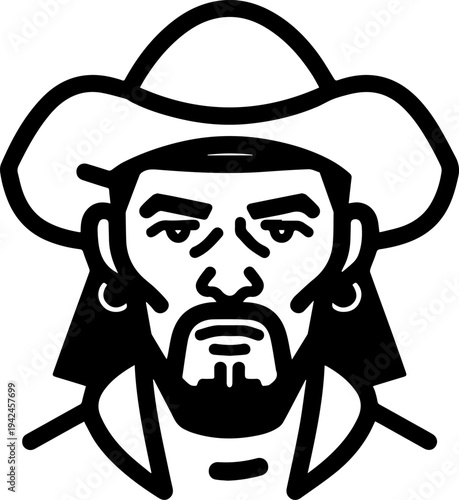 Hand Drawn Male Pirate Black and White Avatar Illustration in Minimal Line Art Style Design