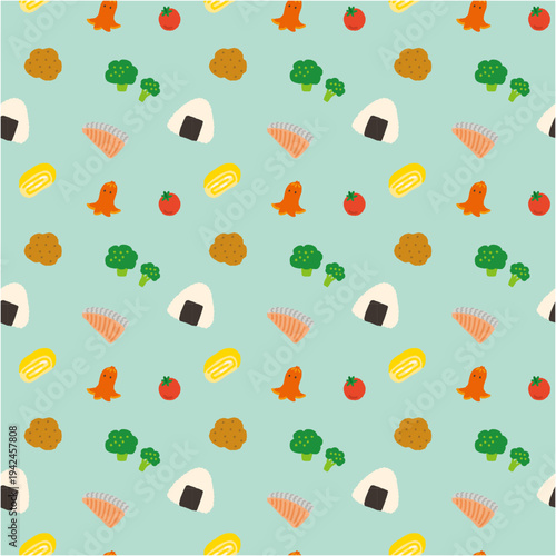 お弁当 おかず 手描き ベクター シームレスパターン かわいい スウォッチあり 水色