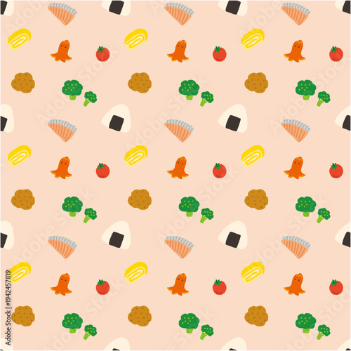 お弁当 おかず 手描き ベクター シームレスパターン かわいい スウォッチあり ピンク