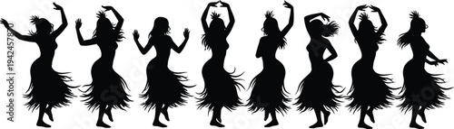 Eight hula dancers in traditional hawaiian attire performing