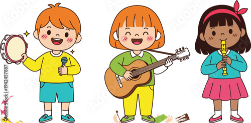 Diverse cute children playing musical instruments including guitar flute and tambourine in a happy cartoon style for music education and school
