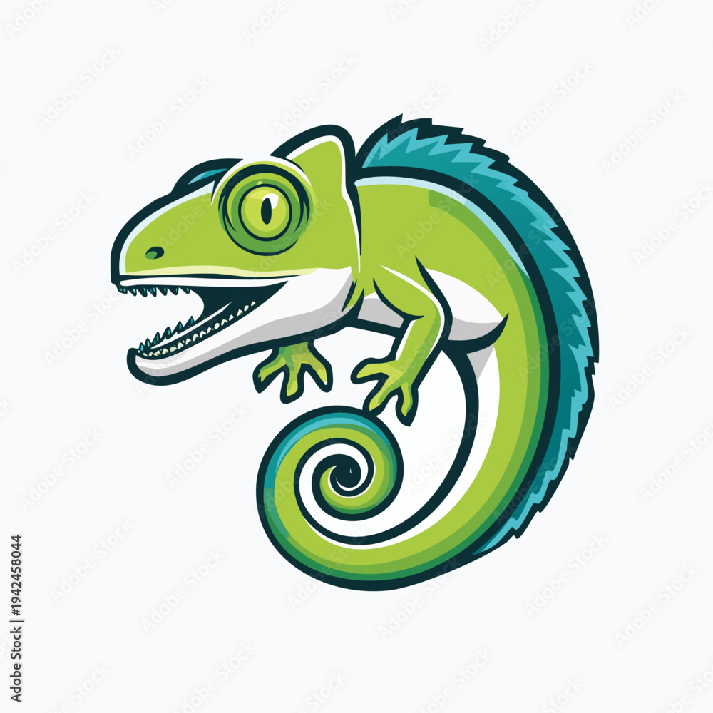 Fototapeta premium Cute green chameleon cartoon illustration with curled tail