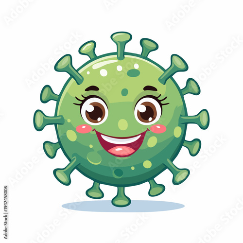 Cute green cartoon virus character smiling cheerfully