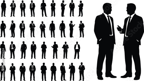 Large vector set of businessman silhouettes featuring professional men in suits in various standing and talking poses for corporate office design.