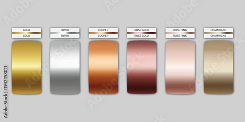 Illustration of six shiny metallic spools of thread in different colors on light gray background