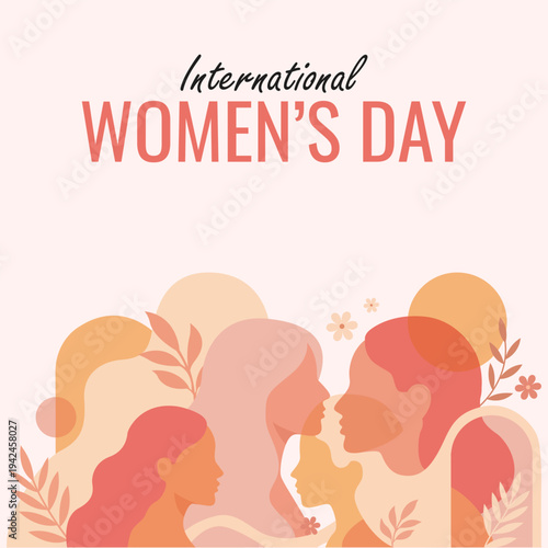 Women Celebrating International Womens Day with Diverse Female Profiles and Abstract Shapes in a Warm Vector Illustration