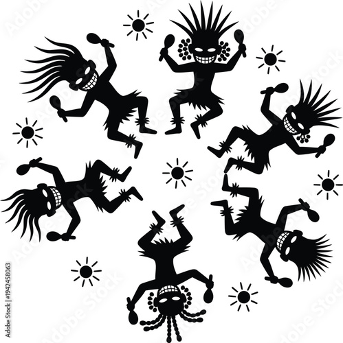 Maya or aztec mythological creatures in a ritual dance