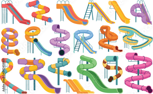 Colorful water park slides set with spiral tubes plastic playground equipment for summer vacation and aqua park design