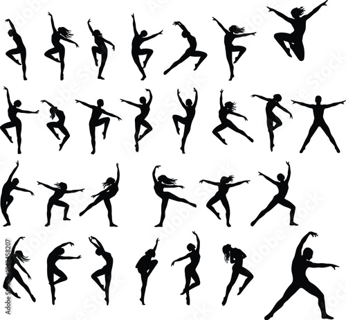 Collection of various dance poses and movements in black silhouette
