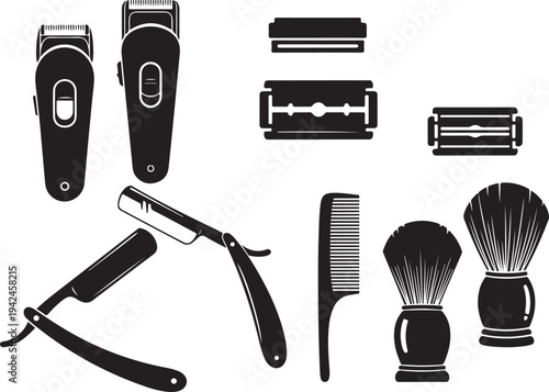 Black and white illustration of various men s grooming and shaving tools