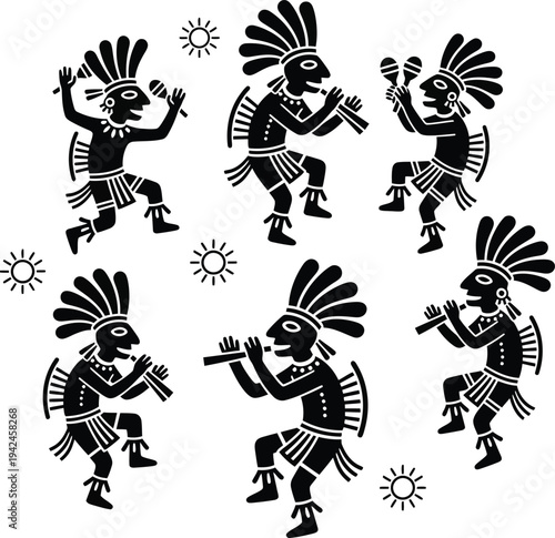 Traditional aztec or mayan dancers in ritual performance with sun symbols