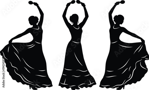 Three silhouette dancers performing traditional dance moves in unison