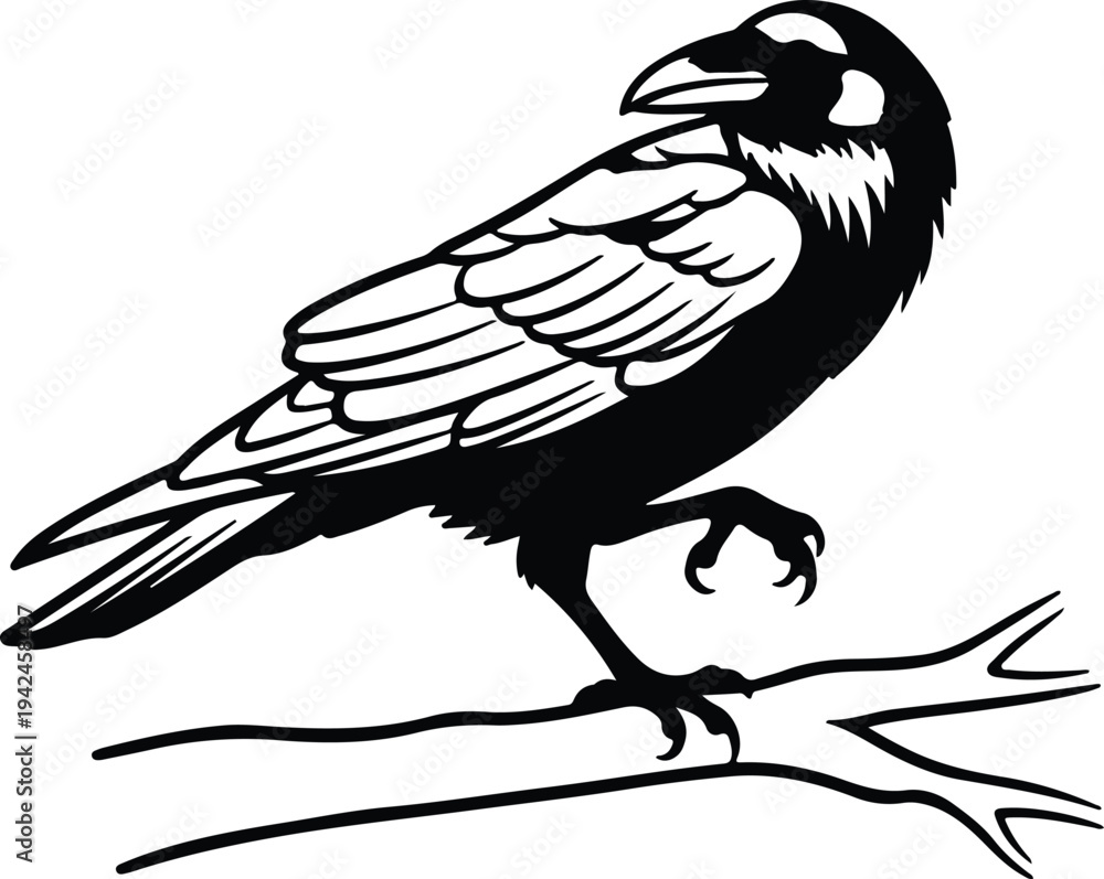Fototapeta premium Silhouette crow perched on a branch detailed vector design