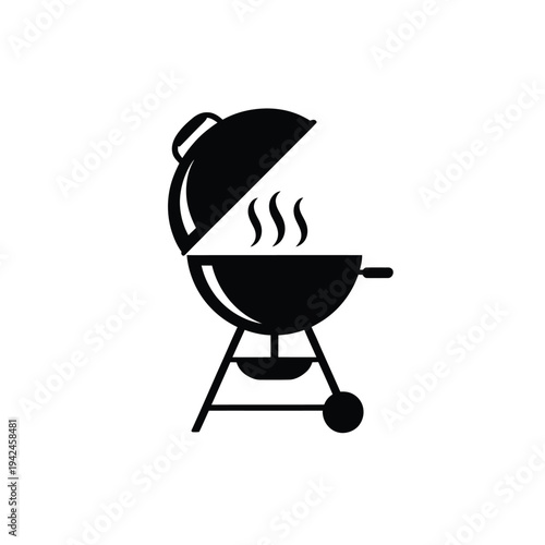 A simple black silhouette of an open barbecue grill with rising smoke
