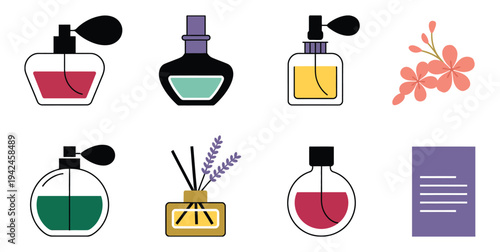 Perfume bottles collection vector illustration, luxury fragrance aroma scent cosmetic beauty design with elegant glass containers, fashion branding concept