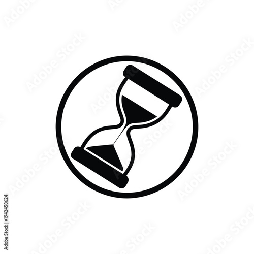A simple black and white circular icon depicting a classic hourglass shape