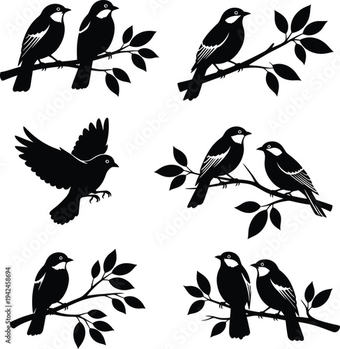 Six black silhouette birds on branches with leaves