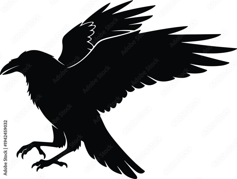 Fototapeta premium Silhouette flying raven bird with spread wings and sharp claws vector design