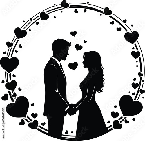 Romantic silhouette of loving couple surrounded by hearts