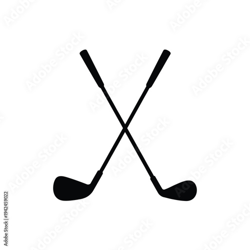 Two crossed golf clubs depicted in a simple black and white graphic