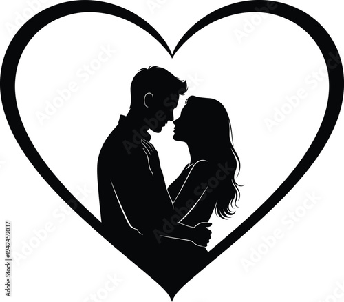 Romantic silhouette of loving couple in heart shape