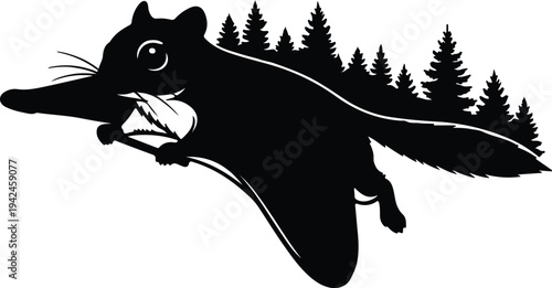 Silhouette flying squirrel gliding with forest trees background vector design