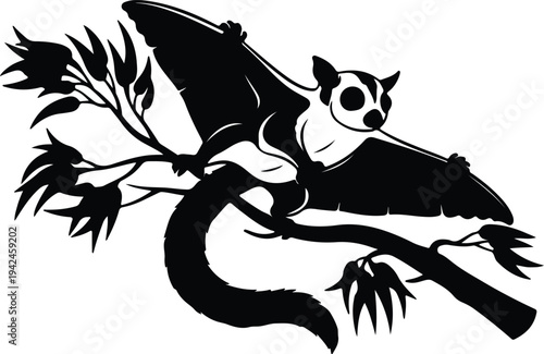 Silhouette flying sugar glider animal on tree branch vector design