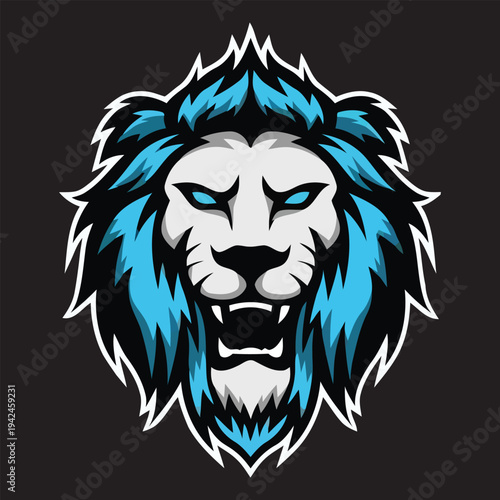 Vector lion head logo with blue mane and white outline