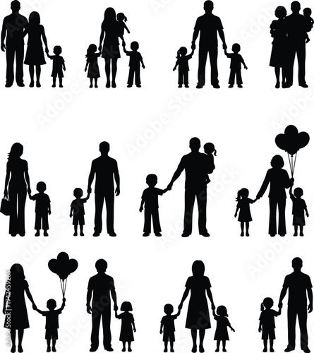 Silhouette of diverse family units and relationships in black