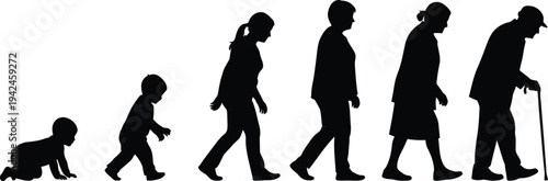Evolution of human from ape to old age silhouette