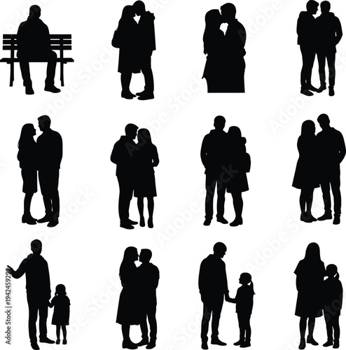 Collection of black silhouettes depicting various human interactions and relationships