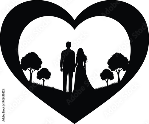 Silhouette of a loving couple in a heart shaped landscape