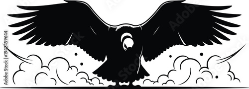 Silhouette majestic eagle soaring powerfully through clouds vector design