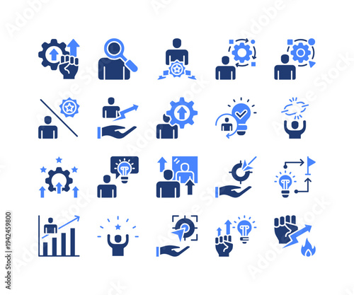 Life Transformation Icon Collection,  featuring Human Evolution, Transition, Adaptation, Challenge, Triumph, Innovation, Realization.