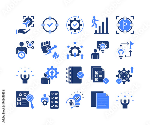 Success System Icon Collection,  featuring Goal Achievement, Progress Growth, Effort Focus, Discipline Mindset, Innovation Drive, Strategy Vision, Success Result.