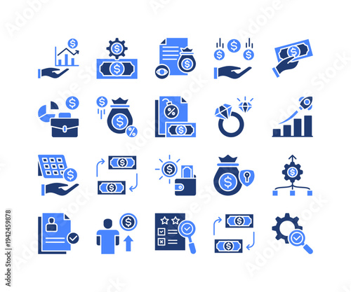 Wealth Management Icon Collection,  featuring Loan, Debt, Payday, Money Transfer, Profit, Credibility, Evaluation.