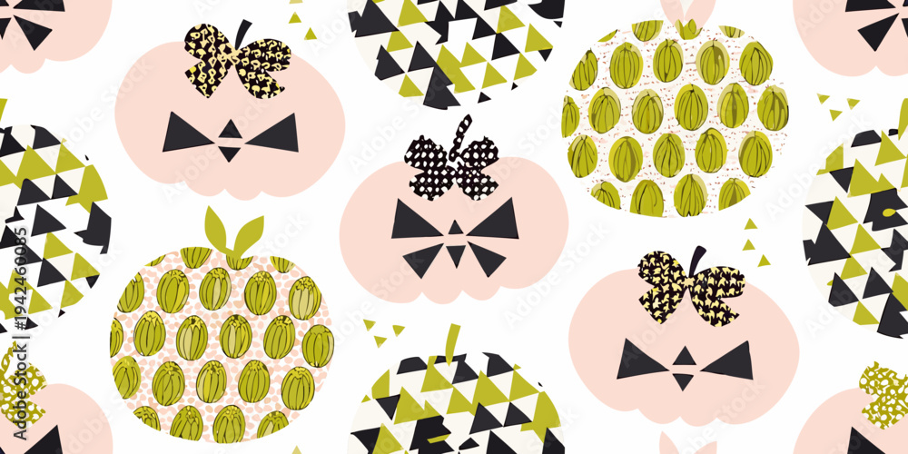 Fototapeta premium Geometric fruit and butterfly pattern on a white background