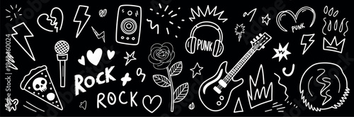 Hand Drawn Doodle Music Icons With Rock Elements Lightning Bolts Graffiti Style Tattoo Stickers Chalkboard Marker Sketch Band Design Vector Illustration