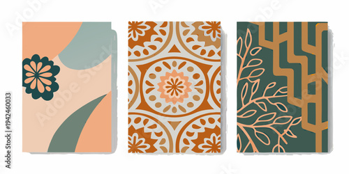 Three abstract patterned rectangles with floral and geometric designs