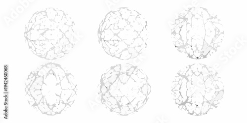 Six abstract cracked sphere shapes arranged in a grid pattern